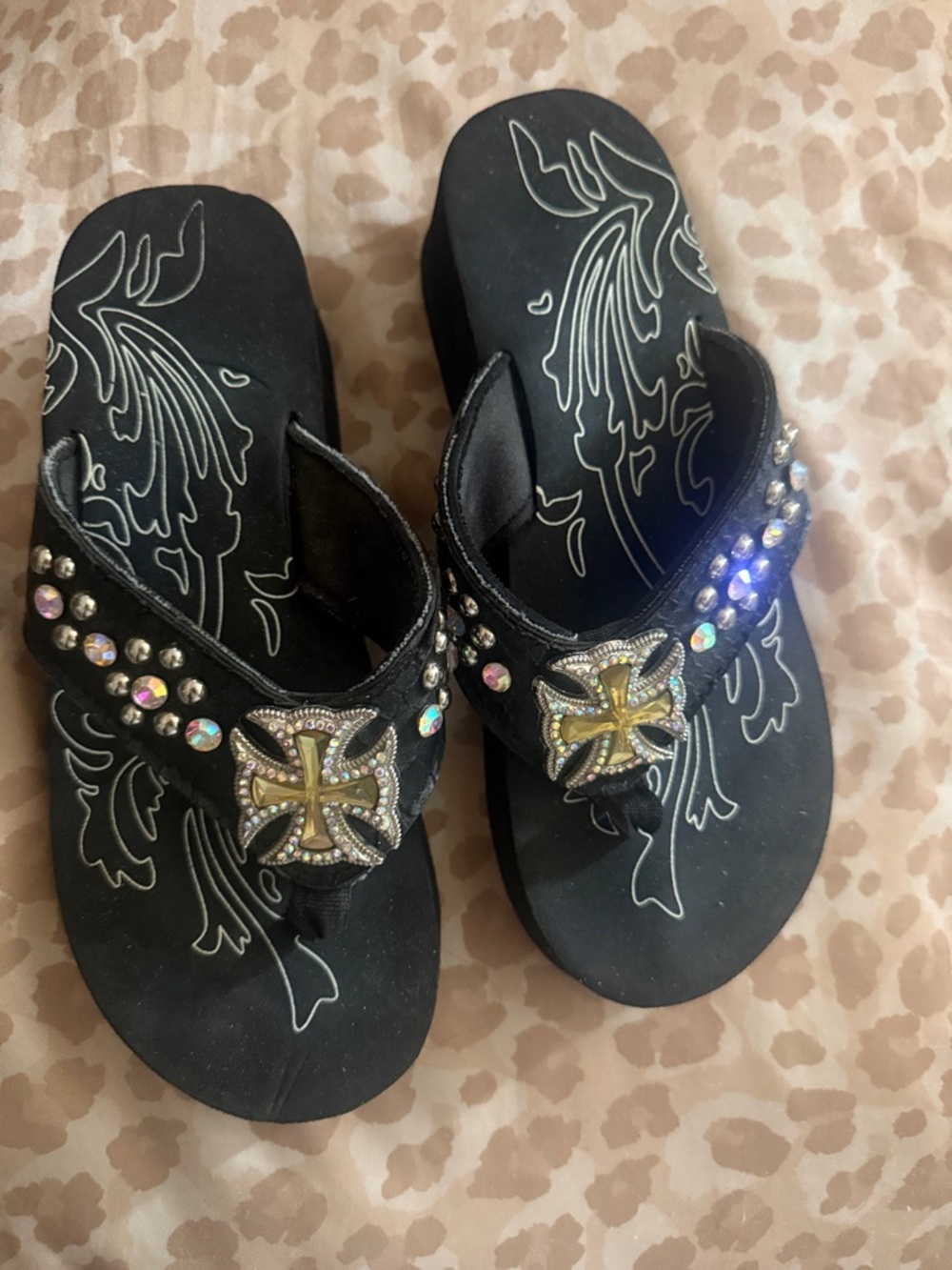 Montana West Black and Gold Jeweled Flip Flop Sandals